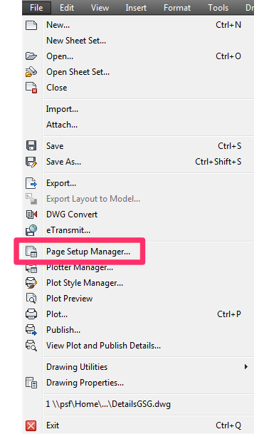File pulldown menu, Page Setup Manager option